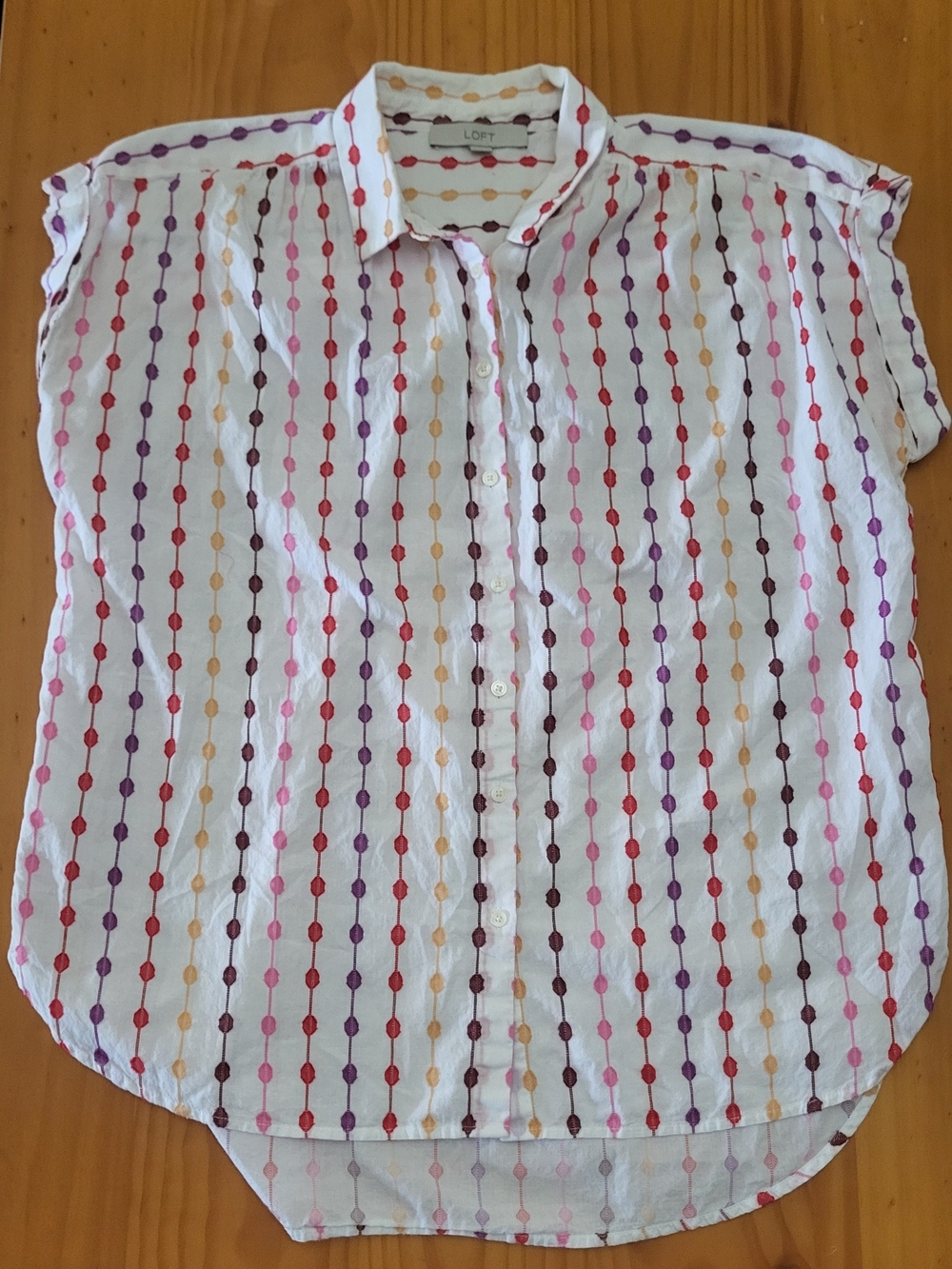 LOFT White Cap-Sleeve Button-Front Top with Multicolor Dot Stripe
